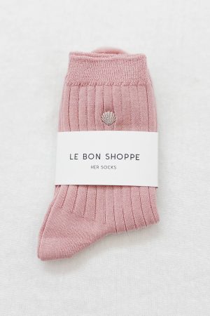 Le Bon Shoppe Embroidered Her Socks Mercerized Combed Cotton Rib Pink Soda & Silver Seashell