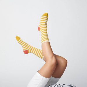 Hooray Sock Co. – Eureka Striped Unisex Crew Socks in Yellow: Small (Women’s 4 – 10)