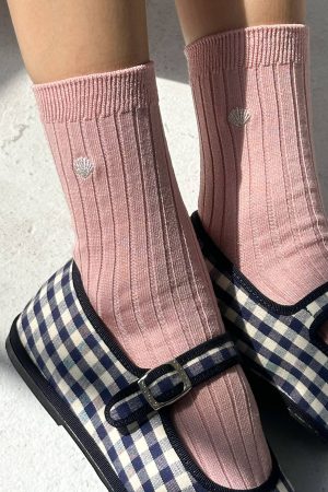 Le Bon Shoppe Embroidered Her Socks Mercerized Combed Cotton Rib Pink Soda & Silver Seashell
